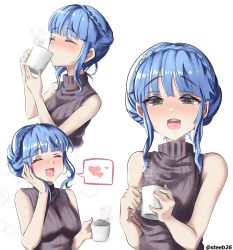 Rule 34 | 1girl, absurdres, alternate costume, blue hair, blush, braid, brown eyes, crown braid, cup, drinking, closed eyes, female focus, fire emblem, fire emblem: three houses, heart, highres, holding, holding cup, long hair, marianne von edmund, multiple views, nintendo, open mouth, ribbed sweater, sidelocks, simple background, sleeveless, smile, spoken heart, steeb, sweater, twitter username, white background