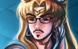 Rule 34 | 1boy, beard, bishoujo senshi sailor moon, blonde hair, blue sailor collar, brown eyes, choker, collarbone, commentary request, crescent, crescent earrings, derivative work, earrings, facial hair, german commentary, glasses, goatee, hair over shoulder, heart, heart choker, highres, jewelry, long hair, male focus, meme, parted bangs, real life, red choker, sailor collar, sailor moon, sailor moon redraw challenge (meme), sailor senshi uniform, solo, stephdoodle, twintails, upper body