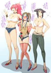 Rule 34 | 1boy, 2girls, alternate costume, anal, anal object insertion, anal tail, bar censor, bikini, black hair, blue hair, blush, breasts, bulge, butt plug, capcom, censored, cleavage, clenched teeth, collar, condom, condom on penis, crossdressing, crossover, cuffs, cutoffs, denim, denim shorts, dyed bangs, earrings, erection, erection under clothes, exhibitionism, eyepatch, fake tail, final fight, forced feminization, futanari, grin, han juri, handcuffs, high heels, highres, holding hands, jewelry, large breasts, lowleg, lowleg pants, multicolored hair, multiple girls, necklace, newhalf, nipples, object insertion, one side up, pants, penis, penis ribbon, pink hair, pink legwear, poison (final fight), ponytail, prostitution, public indecency, revealing clothes, ribbon, sagattoru, see-through, sex toy, shion (kof), short shorts, shorts, side ponytail, smile, snk, standing, street fighter, street fighter v, sweat, swimsuit, tail, tank top, teeth, testicles, text focus, the king of fighters, thighhighs, translated, trap, trembling, two-tone hair, unbuttoned, underboob