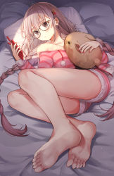 Rule 34 | 1girl, barefoot, bed, blush, braid, brown eyes, cellphone, feet, foreshortening, full body, glasses, hair ornament, hairclip, light brown hair, long hair, low twintails, lying, on side, pajamas, phone, pillow, pom pom (clothes), round eyewear, shorts, smartphone, soles, solo, striped clothes, striped pajamas, stuffed animal, stuffed rabbit, stuffed toy, toes, twin braids, twintails, very long hair