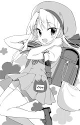 Rule 34 | 1girl, :d, arms up, backpack, bag, blush, fate/kaleid liner prisma illya, fate (series), floating, greyscale, hanabana tsubomi, hat, homurahara academy school uniform, illyasviel von einzbern, loafers, long hair, looking at viewer, monochrome, open mouth, randoseru, school uniform, shoes, short sleeves, simple background, skirt, smile, solo, thighhighs, vest
