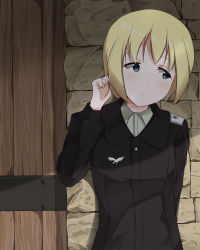 Rule 34 | 1girl, black okojo, blonde hair, blue eyes, door, erica hartmann, frown, highres, military, military uniform, playing with own hair, short hair, solo, strike witches, uniform, world witches series