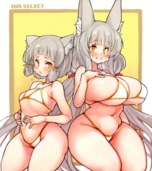 Rule 34 | animal ears, bikini, blunt bangs, breasts, cat ears, chest jewel, dual persona, facial mark, flat chest, large breasts, long hair, low twintails, navel, nia (blade) (xenoblade), nia (xenoblade), revision, sachito, short hair, silver hair, swimsuit, twintails, very long hair, xenoblade chronicles (series), xenoblade chronicles 2, yellow eyes