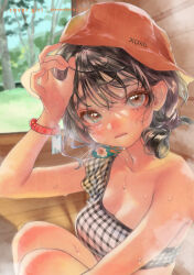 Rule 34 | 1girl, bare shoulders, black hair, blush, bracelet, breasts, cleavage, crop top, day, grey eyes, hat, highres, hot, jewelry, knees to chest, looking at viewer, medium breasts, nanakami mana, non-web source, original, painting (medium), short hair, solo, steam, sweat, traditional media, upper body, watercolor (medium), wavy mouth