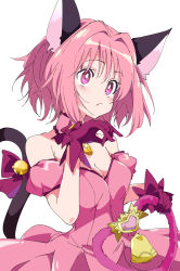 Rule 34 | 1girl, animal ears, bare shoulders, bell, blush, breasts, cat ears, cat tail, cleavage, closed mouth, fang, gloves, ixy, looking away, medium breasts, mew ichigo, momomiya ichigo, pink eyes, pink hair, purple gloves, short hair, simple background, solo, tail, tail bell, tail ornament, tokyo mew mew, white background