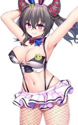 Rule 34 | 1girl, absurdres, animal ears, arm behind head, armpits, arms up, asamura hiori, azur lane, badge, bare shoulders, blush, bow, bowtie, braid, breasts, button badge, cleavage, commentary request, cowboy shot, crossed bangs, detached collar, fake animal ears, fishnet legwear, fishnets, grey hair, grin, hair between eyes, hair horns, hair ribbon, highres, large breasts, long hair, looking at viewer, midriff, miniskirt, multicolored hair, navel, official alternate costume, pleated skirt, purple eyes, rabbit ears, red hair, ribbon, san francisco (azur lane), san francisco (funny bunny!) (azur lane), sidelocks, simple background, skirt, smile, solo, standing, streaked hair, suspender skirt, suspenders, teeth, twintails, very long hair, white background, white skirt