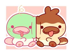 Rule 34 | 2others, :3, animal, animal focus, blush, brown fur, chibi, green fur, grindzone, multiple others, open mouth, original, pink background, platypus, sitting, tongue, tongue out