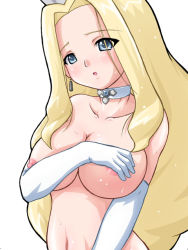 Rule 34 | 00s, 1girl, blonde hair, blue eyes, blush, breast hold, breasts, breasts squeezed together, capcom, choker, collarbone, covering privates, covering breasts, earrings, elbow gloves, girutaabo, gloves, huge breasts, jewelry, large breasts, long hair, mega man (series), mega man battle network, mega man battle network (series), mega man battle network 2, navel, nipple slip, nipples, nude, nude cover, open mouth, princess pride (mega man), simple background, solo, sweat, white gloves