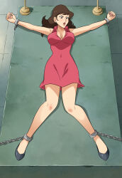 Rule 34 | absurdres, bdsm, bondage, bound, bound ankles, bound wrists, breasts, brown eyes, brown hair, chain, chained, chained ankles, chained wrists, cleavage, dress, highres, large breasts, legs, lost one zero, lupin iii, mine fujiko, pink dress