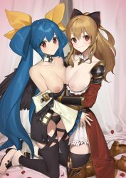 Rule 34 | 2girls, angel wings, arc system works, armor, bare shoulders, bed, bed sheet, bedroom, black bow, black panties, black thighhighs, blonde hair, blue hair, bow, breast press, breasts, breasts out, cleavage, collarbone, commission, company connection, crossover, curtains, detached collar, detached sleeves, dizzy (guilty gear), granblue fantasy, granblue fantasy versus, guilty gear, guilty gear xrd, hair between eyes, hair bow, hair ribbon, high heels, hug, large breasts, long hair, looking at viewer, multiple girls, nipples, panties, petals, ponytail, red eyes, ribbon, shoulder armor, sidelocks, skeb commission, skindentation, smile, sweat, symmetrical docking, tan (inka), thigh strap, thighhighs, thighs, twintails, underwear, vira (granblue fantasy), wings, yellow ribbon
