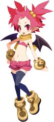 Rule 34 | 1girl, bandeau, black thighhighs, blush stickers, bracelet, demon girl, demon wings, disgaea, disgaea rpg, earrings, fang, flat chest, full body, hair bobbles, hair ornament, hanako (disgaea), highres, jewelry, navel, non-web source, official art, open fly, open mouth, photoshop (medium), pink hair, pink shorts, pointy ears, red eyes, scarf, short hair, shorts, slit pupils, solo, stud earrings, thighhighs, transparent background, wings, yellow scarf