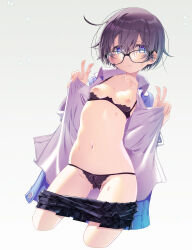 Rule 34 | 1girl, :o, absurdres, black-framed eyewear, black bow, black bra, black hair, black panties, blue eyes, bow, bra, breasts, collared shirt, commentary request, double v, glasses, grey background, hair between eyes, hands up, highres, jacket, looking at viewer, nipples, open clothes, open shirt, original, panties, sakuya tsuitachi, shelf bra, shirt, simple background, small breasts, solo, sweat, thick eyebrows, underwear, v, wavy mouth, white shirt