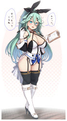 Rule 34 | 1girl, adapted costume, alternate breast size, animal ears, aqua eyes, bare shoulders, black thighhighs, blush, boots, bow, breasts, cleavage, commentary request, fake animal ears, full body, garter straps, green hair, hair between eyes, hair ornament, hair ribbon, hairclip, halterneck, high heel boots, high heels, highres, kantai collection, konoshige (ryuun), large breasts, leotard, long hair, looking at viewer, open mouth, pen, playboy bunny, rabbit ears, ribbon, solo, thighhighs, thighs, translation request, yamakaze (kancolle)