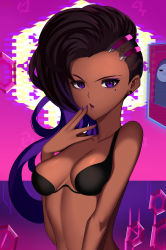 Rule 34 | 1girl, :&gt;, :o, = =, asymmetrical hair, bare shoulders, bikini, black bikini, breasts, breasts apart, brown hair, collarbone, dark-skinned female, dark skin, earrings, eyelashes, finger to mouth, fingernails, hand on own face, hand to own mouth, hand up, highres, hologram, jewelry, lipstick, long fingernails, long hair, looking at viewer, makeup, mascara, medium breasts, mole, mole under eye, multicolored hair, nail polish, navel, open mouth, overwatch, overwatch 1, purple eyes, purple hair, purple lips, purple nails, reaper (overwatch), sidecut, solo, sombra (overwatch), squirrelhollow, strap gap, stud earrings, swimsuit, two-tone hair, undercut, upper body