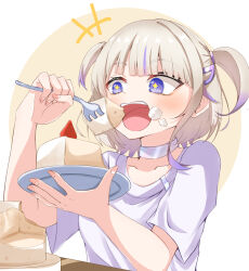 Rule 34 | 1girl, blonde hair, cake, choker, eating, food, fork, hair ornament, hairpin, highres, holding, holding fork, hololive, hololive dev is, looking at viewer, medium hair, multicolored hair, open mouth, purple eyes, purple hair, shirt, solo, strawberry shortcake, streaked hair, suzuka (suzukawu), teeth, todoroki hajime, two side up, upper teeth only, virtual youtuber, white background, white choker, white shirt