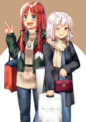 Rule 34 | 2girls, :d, alternate costume, bad id, bad pixiv id, bag, belt, black belt, black bow, black coat, blue dress, blue eyes, blush, bow, brown background, casual, coat, commentary request, contemporary, cowboy shot, denim, dress, green jacket, grey scarf, hair bow, handbag, highres, hong meiling, index finger raised, izayoi sakuya, jacket, jeans, jewelry, long hair, long sleeves, looking at viewer, maitacoco, multiple girls, no headwear, one eye closed, open clothes, open coat, open jacket, open mouth, pants, pendant, red eyes, red hair, scarf, shopping bag, short hair, silver hair, smile, sparkle, standing, sweater, touhou, turtleneck, turtleneck sweater, two-tone background, white background, white sweater
