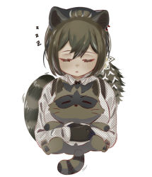 Rule 34 | 1girl, :o, animal, animal ears, arknights, black ribbon, brown hair, closed eyes, facing viewer, freckles, hair between eyes, holding, holding animal, long hair, neck ribbon, open mouth, ponytail, raccoon, raccoon ears, raccoon girl, raccoon tail, ret (tiiuu), ribbon, robin (arknights), shirt, simple background, solo, straight-on, tail, upper body, white background, white shirt, zzz
