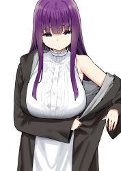 Rule 34 | 1girl, breasts, closed mouth, commentary, fern (sousou no frieren), highres, large breasts, long hair, long sleeves, off shoulder, purple eyes, purple hair, revision, shirt, sidelocks, simple background, single bare shoulder, sky-freedom, sleeveless, sleeveless shirt, solo, sousou no frieren, white background, white shirt