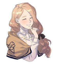 Rule 34 | 1girl, blonde hair, bow, closed eyes, fire emblem, fire emblem: three houses, grin, hair bow, long hair, long sleeves, low ponytail, maiqo, mercedes von martritz, nintendo, simple background, smile, solo, upper body, white background