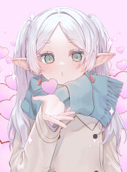 Rule 34 | 1girl, absurdres, blowing kiss, coat, earrings, elf, frieren, green eyes, heart, highres, jewelry, long hair, looking at viewer, o3o, official alternate costume, omotikaeri, parted bangs, pointy ears, puckered lips, scarf, solo, sousou no frieren, thick eyebrows, twintails, white hair, winter clothes, winter coat