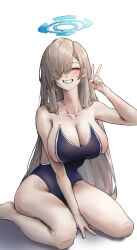 Rule 34 | 1girl, ^ ^, absurdres, asuna (blue archive), bare arms, bare shoulders, blue archive, blue one-piece swimsuit, breasts, cleavage, closed eyes, commentary request, facing viewer, grey hair, grin, hand up, highres, large breasts, long hair, one-piece swimsuit, simple background, sitting, smile, solo, swimsuit, thighs, uth 95, v, very long hair, wariza, white background