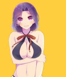 Rule 34 | 10s, 1girl, arm at side, bare shoulders, bikini, black bikini, blush, breast hold, breasts, cleavage, eyes visible through hair, female focus, highres, kantai collection, large breasts, looking at viewer, navel, open mouth, purple eyes, purple hair, shiny skin, short hair, simple background, skindentation, smile, solo, swimsuit, tatsuta (kancolle), tebi (tbd11), upper body, yellow background