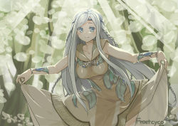 Rule 34 | 1girl, absurdres, blue eyes, braid, breasts, curtsey, dress, duel monster, frostcyco, highres, large breasts, light rays, long dress, long hair, looking at viewer, maiden with eyes of blue, see-through, see-through silhouette, smile, solo, very long hair, white hair, yu-gi-oh!