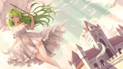 Rule 34 | 1girl, bird, blue sky, breasts, castle, cleavage, closed mouth, cloud, dress, dutch angle, feathers, feet out of frame, floating hair, flower, frilled dress, frills, green hair, hair flower, hair ornament, highres, holding, holding umbrella, large breasts, long hair, looking to the side, mocha (osu!), osu!, parasol, pink eyes, second-party source, short dress, sideways glance, skirt hold, sky, smile, solo, split mouth, standing, strapless, strapless dress, umbrella, vio (osu! player), white dress, white feathers, white flower, white umbrella