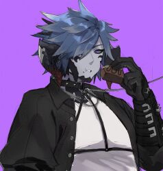 Rule 34 | 1boy, :t, au ra, black gloves, black jacket, blue hair, candy, chain, chocolate, chocolate bar, colored sclera, colored skin, eating, final fantasy, final fantasy xiv, food, gg dal, gloves, grey sclera, grey skin, hair over one eye, highres, horn ornament, horn ring, horns, jacket, looking at viewer, monster boy, open clothes, open jacket, purple background, purple eyes, ringed eyes, shirt, simple background, upper body, warrior of light (ff14), white shirt
