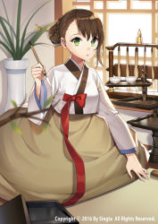 Rule 34 | 1girl, bad id, bad pixiv id, blurry, blush, bow, bowl, brown hair, carchet, commentary, copyright name, day, green eyes, hair between eyes, hair bun, hair ornament, hairpin, holding, indoors, japanese clothes, looking at viewer, nose blush, open mouth, original, plant, red bow, short hair, sid story, single hair bun, solo, table, vase, windowsill