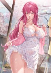 Rule 34 | 1girl, 1other, bead choker, blush, breasts, cain art811, cleavage, clothes lift, collarbone, covered erect nipples, dress, dress lift, floral print, half updo, highres, jewelry, koi ni tsuite 0.1-paasento, large breasts, lifting own clothes, long hair, looking down, necklace, off shoulder, open mouth, out of frame, outdoors, pink eyes, pink hair, pink sweater, rain, shiren (koi ni tsuite 0.1-paasento), solo focus, sweater, thighs, wet, wet clothes, wet hair, white dress
