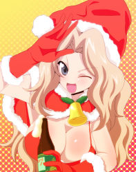Rule 34 | &gt;;d, 10s, 1girl, alcohol, bell, bikini, blonde hair, blue eyes, blush, bottle, breasts, champagne, christmas, cleavage, drunk, girls und panzer, gloves, hat, highres, jingle bell, kamishima kanon, kay (girls und panzer), large breasts, long hair, one eye closed, open mouth, red bikini, red gloves, santa costume, santa hat, smile, solo, swimsuit, v-shaped eyebrows, wink