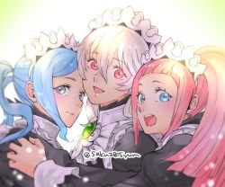Rule 34 | 3girls, blue eyes, blue hair, closed mouth, corrin (female) (fire emblem), corrin (fire emblem), felicia (fire emblem), fire emblem, fire emblem fates, flora (fire emblem), from side, gem, long hair, long sleeves, looking to the side, maid, maid headdress, multiple girls, nintendo, open mouth, pink hair, ponytail, red eyes, siblings, sisters, tombsakura, twins, twintails, twitter username, upper body, white hair