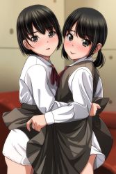 Rule 34 | 2girls, :p, absurdres, black hair, blurry, blurry background, blush, brown eyes, closed mouth, clothes lift, collared shirt, depth of field, dress, dress lift, from side, grey dress, grey skirt, highres, indoors, lifting another&#039;s clothes, long sleeves, looking at viewer, looking to the side, low twintails, matsunaga kouyou, multiple girls, nose blush, original, parted lips, shirt, short hair, short twintails, skirt, skirt lift, sleeveless, sleeveless dress, smile, teeth, tongue, tongue out, twintails, upper teeth only, white shirt