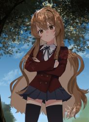 Rule 34 | 1girl, absurdres, aisaka taiga, black ribbon, black thighhighs, blazer, blue skirt, brown eyes, brown hair, buttons, closed mouth, cloud, collared shirt, commentary request, cowboy shot, crossed arms, dappled sunlight, day, double-breasted, frown, hair between eyes, highres, jacket, light blush, long hair, long sleeves, looking at viewer, neck ribbon, oohashi high school uniform, outdoors, partial commentary, red jacket, ribbon, school uniform, shirt, skirt, solo, standing, sunlight, thighhighs, toradora!, tree, tree shade, very long hair, xixi (xxxxiixxxiixxxx), zettai ryouiki