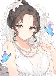 Rule 34 | 1girl, animal, ayuanlv, bare shoulders, black hair, blush, breasts, bride, brown eyes, bug, butterfly, cat, closed mouth, dress, floral background, forehead, hair bun, hand up, highres, insect, jewelry, looking at viewer, necklace, original, parted bangs, pearl necklace, see-through, single hair bun, sleeveless, sleeveless dress, small breasts, smile, solo, upper body, veil, wedding dress, white background, white dress