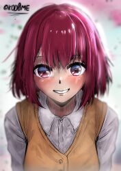 Rule 34 | 1girl, absurdres, arima kana, blush, collared shirt, commentary, english commentary, highres, kod0me, long sleeves, messy hair, mixed-language commentary, no pupils, oshi no ko, red eyes, red hair, shirt, short hair, smile, solo, teeth, twitter username, vest, white shirt, yellow vest