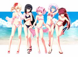 Rule 34 | 10s, 5girls, ahoge, akemi homura, armpits, bandeau, bare legs, bare shoulders, beach, bikini, black bikini, black hair, blonde hair, blue eyes, blue hair, blush, bow, breasts, cleavage, clothes lift, clothes pull, cloud, contrapposto, day, drill hair, feet, female focus, flower, frilled bikini, frills, front-tie top, groin, hair bow, hair flower, hair ornament, hairband, hand on own hip, hibiscus, high heels, highres, jewelry, kaname madoka, large breasts, legs, lifting own clothes, light smile, lineup, long hair, looking at viewer, mahou shoujo madoka magica, mahou shoujo madoka magica (anime), medium breasts, miki sayaka, multiple girls, navel, o-ring, o-ring bottom, o-ring top, off shoulder, one eye closed, open mouth, open shoes, outline, pink hair, pulling own clothes, red eyes, red hair, ring, sakura kyoko, sandals, sarong, shirt lift, shoes, short hair, shorts, shorts pull, side-tie bikini bottom, sky, small breasts, smile, standing, strapless, strapless bikini, striped bikini, striped clothes, swimsuit, thigh gap, toes, tomoe mami, tsukumo (soar99), twintails, undressing, unworn sarong, very long hair, water, white bikini, white outline, wink, yellow eyes