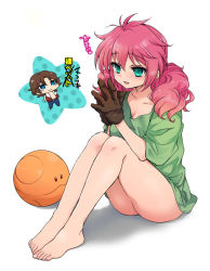 Rule 34 | 00s, 1boy, 1girl, :3, aqua eyes, barefoot, bottomless, breasts, chibi, feet, feldt grace, gloves, gundam, gundam 00, haro, legs, lockon stratos, long hair, naked shirt, neil dylandy, oversized clothes, pink hair, plum (arch), shirt, simple background, sitting, small breasts, smile, t-shirt, toes, twintails