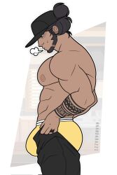Rule 34 | 1boy, abs, ass, bara, baseball cap, beard, black pants, breath, bulge, bulge lift, dark-skinned male, dark skin, dressing, facial hair, feet out of frame, from side, hair bun, hat, highres, italo (nandarazzi), large pectorals, looking down, male focus, male underwear, mature male, meme, muscular, muscular male, nandarazzi, never seen a guy recreate this (meme), nipples, open pants, original, pants, pants lift, pectorals, short hair, sigh, solo, standing, stomach, thick thighs, thighs, topless male, undersized clothes, underwear, yellow male underwear