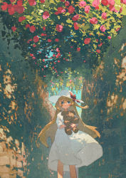 Rule 34 | 1girl, :o, blonde hair, blue eyes, blue sky, doll, dress, feet out of frame, flower, hat, highres, holding, holding doll, long hair, looking at viewer, original, potg (piotegu), red flower, shade, shaded face, sky, stone wall, stuffed animal, stuffed toy, sun hat, sundress, teddy bear, very long hair, wall