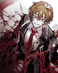 Rule 34 | 1boy, absurdres, black jacket, black pants, blonde hair, blood, blood vessels, collared shirt, corruption, e.g.o (project moon), evil smile, flesh, grin, hair between eyes, highres, id card, jacket, limbus company, long sleeves, necktie, pants, project moon, red necktie, remsrar, shirt, sinclair (project moon), smile, solo, white shirt, yellow eyes