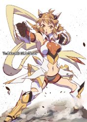 Rule 34 | 1girl, bare shoulders, boots, breasts, brown hair, clenched hands, commentary request, crack, cracked floor, elbow gloves, fighting stance, full body, gauntlets, gloves, hair ornament, headgear, link (aa30), looking at viewer, medium breasts, navel, open mouth, orange eyes, scarf, senki zesshou symphogear, shiny clothes, short hair, shorts, solo, standing, tachibana hibiki (symphogear), teeth, twitter username