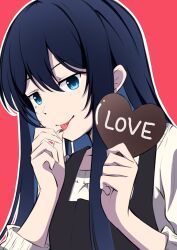 Rule 34 | ado (utaite), apron, black apron, blue eyes, blue hair, candy, chando (ado), chocolate, chocolate heart, closed mouth, cloud nine inc, collarbone, colored inner hair, commentary request, dark blue hair, english text, food, food on hand, hair between eyes, heart, highres, holding, long hair, mole, mole under eye, multicolored hair, nori (norinori yrl), outline, red background, sidelocks, simple background, sleeves past elbows, sweater, tongue, tongue out, upper body, utaite, white outline, white sweater