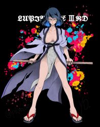 Rule 34 | 1girl, bad id, bad pixiv id, black hair, blue hair, breasts, collarbone, colored inner hair, commentary request, constricted pupils, copyright name, facing viewer, full body, genderswap, genderswap (mtf), highres, ishikawa goemon xiii, japanese clothes, kataginu, kimono, large breasts, long legs, looking at viewer, lupin iii, marimo (yousei ranbu), multicolored hair, no bra, open clothes, open kimono, pelvic curtain, purple kimono, sandals, sash, short hair, solo, standing, toenails, toes, torn clothes, torn kimono, tsurime