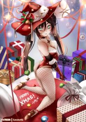 Rule 34 | 1girl, ass, bare shoulders, blush, breasts, brown hair, christmas, elbow gloves, fishnet pantyhose, fishnets, from behind, genshin impact, gloves, gold trim, green eyes, hair ornament, hat, high heels, highres, kneeling, leotard, long hair, looking at viewer, mona (genshin impact), pantyhose, red hat, santa costume, shiny clothes, shiny skin, smile, solo, twintails, very long hair, zasshu
