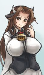 Rule 34 | 1girl, animal ears, arceonn, bell, neck bell, borrowed character, breasts, brown eyes, brown hair, collar, cow ears, cow girl, cow horns, cowbell, ego trigger, horns, huge breasts, impossible clothes, long hair, mattie (ego trigger), original, solo