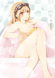 1girl bath bathtub blush breasts brown_eyes brown_hair censored convenient_censoring crossed_legs female_focus hairband highres humangate legs nude open_mouth original rubber_duck short_hair sitting solo water