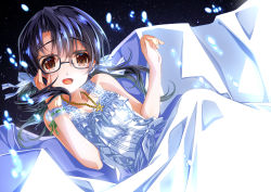Rule 34 | 1girl, :d, black-framed eyewear, black hair, blush, dress, glasses, hand on own face, highres, idolmaster, idolmaster million live!, idolmaster million live! theater days, jewelry, long hair, looking at viewer, low twintails, necklace, night, night sky, open mouth, pure onepiece (idolmaster), red eyes, senomoto hisashi, sky, smile, solo, takayama sayoko, twintails, white dress