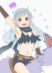 Rule 34 | 1girl, alternate color, armpits, belt, black scarf, black shorts, black tube top, blush, bra strap, breasts, brown belt, brown eyes, cleavage, commentary request, cowboy shot, crown, grey hair, long hair, looking at viewer, medium breasts, midriff, miyan (shamigame), navel, open mouth, pointy ears, pouch, ragnarok masters, ragnarok online, ranger (ragnarok online), riding, riding animal, saddle, scarf, shiny skin, shorts, signature, smile, solo, star (symbol), strapless, tube top, white background, wolf
